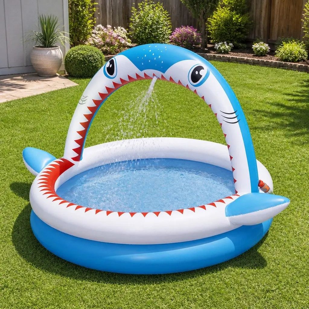 Sharktastic Sprinkler Play Pool 1.63m x 1.27m x 92cm Inflatable Kids Water Toy