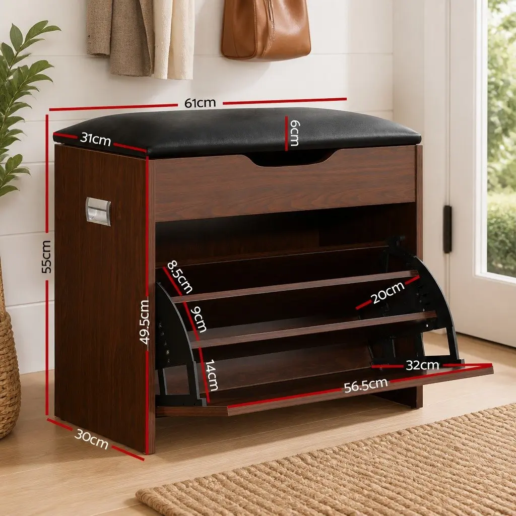 Shoe Storage Bench Set Particle Board PU Leather Walnut 2 Piece