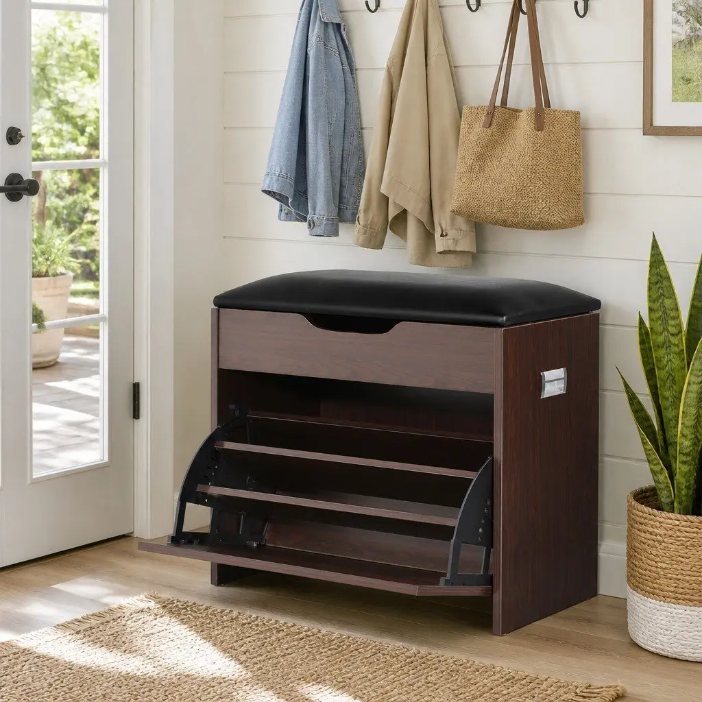 Shoe Storage Bench Set Particle Board PU Leather Walnut 2 Piece