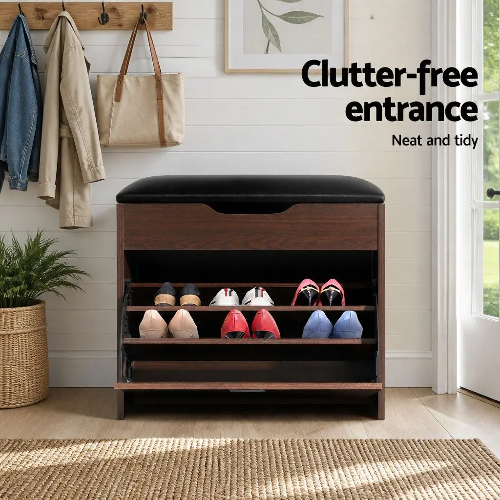 Shoe Storage Bench Set Particle Board PU Leather Walnut 2 Piece