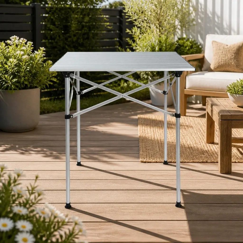 Folding Camping Table Aluminium 70CM Silver Portable Roll Up Outdoor Picnic BBQ