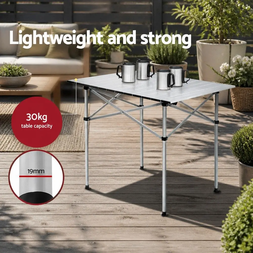 Folding Camping Table Aluminium 70CM Silver Portable Roll Up Outdoor Picnic BBQ
