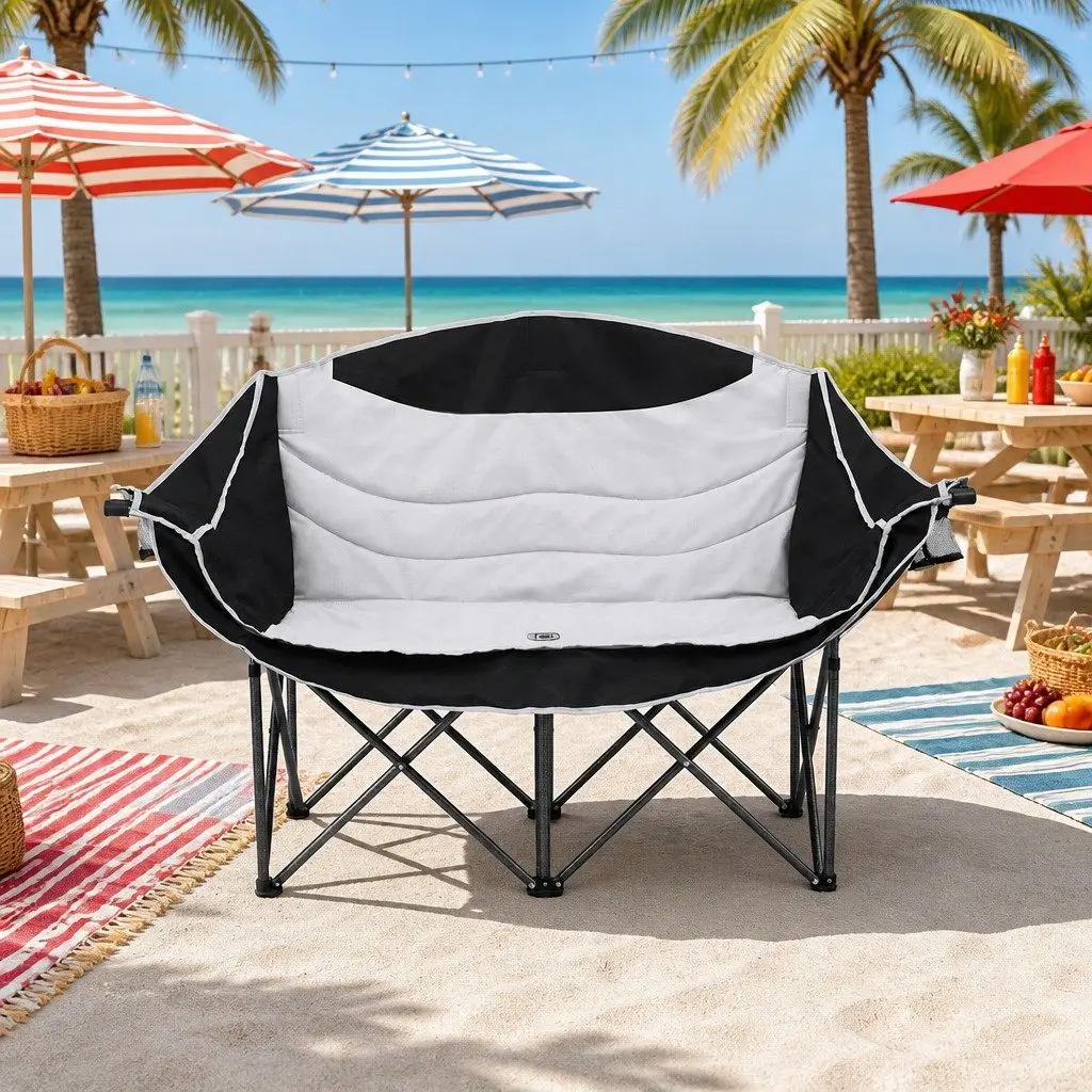 Double Folding Moon Chair 600D Oxford Fabric 133x48x90cm White Black