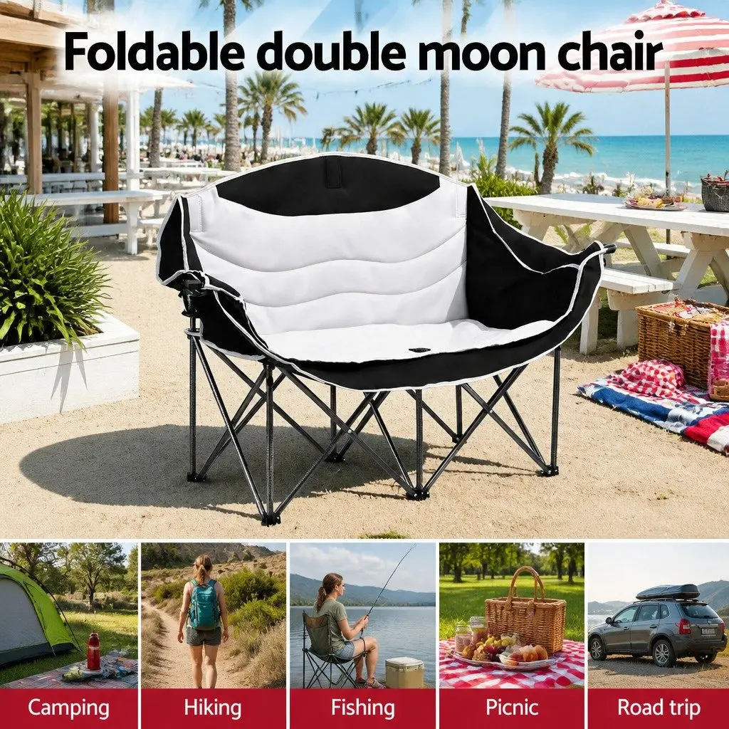 Double Folding Moon Chair 600D Oxford Fabric 133x48x90cm White Black