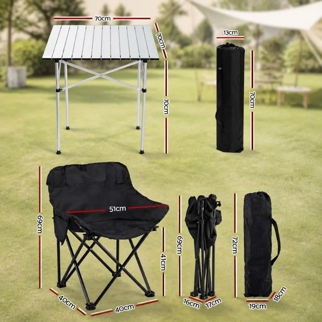 Camping Table Chair Set Aluminium Steel 3 Piece Black Silver