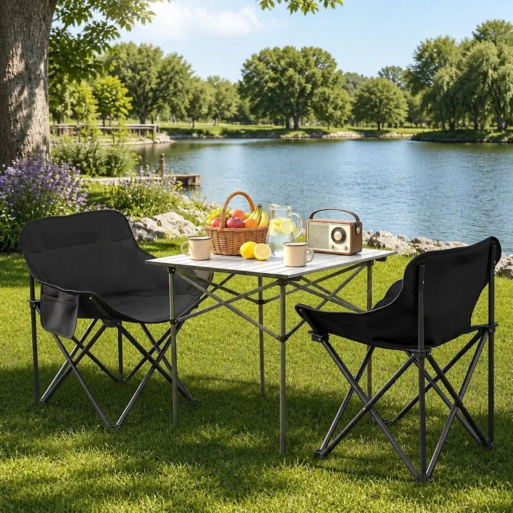 Camping Table Chair Set Aluminium Steel 3 Piece Black Silver