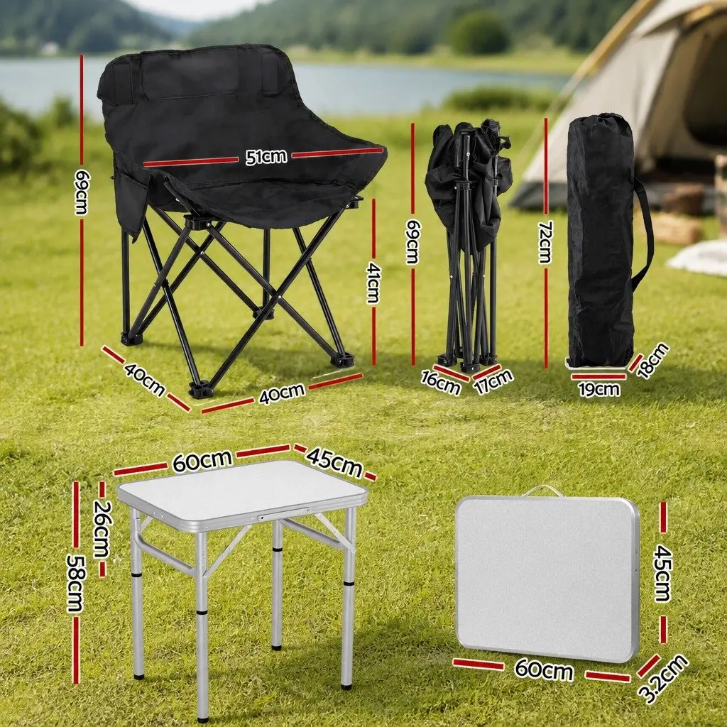 3 Piece Camping Table Chair Set Aluminium Steel 600D Oxford Fabric Portable Folding Black Silver