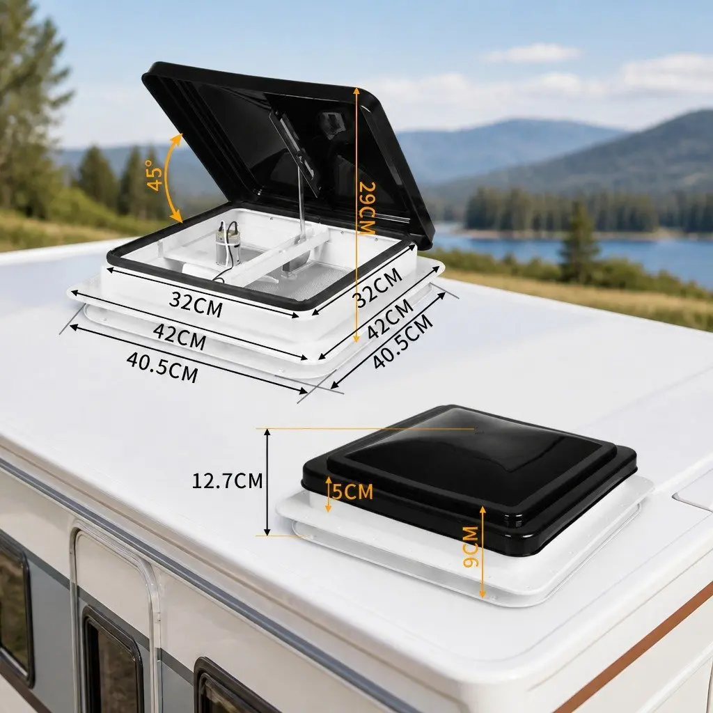 Caravan Roof Vent 12V Fan ABS Steel Black 42cm x 42cm x 12.7cm
