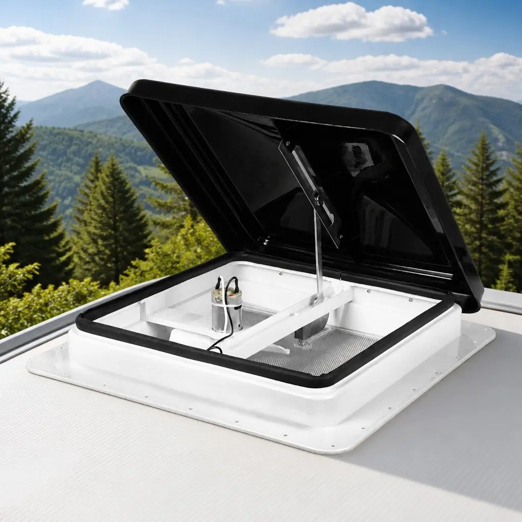 Caravan Roof Vent 12V Fan ABS Steel Black 42cm x 42cm x 12.7cm