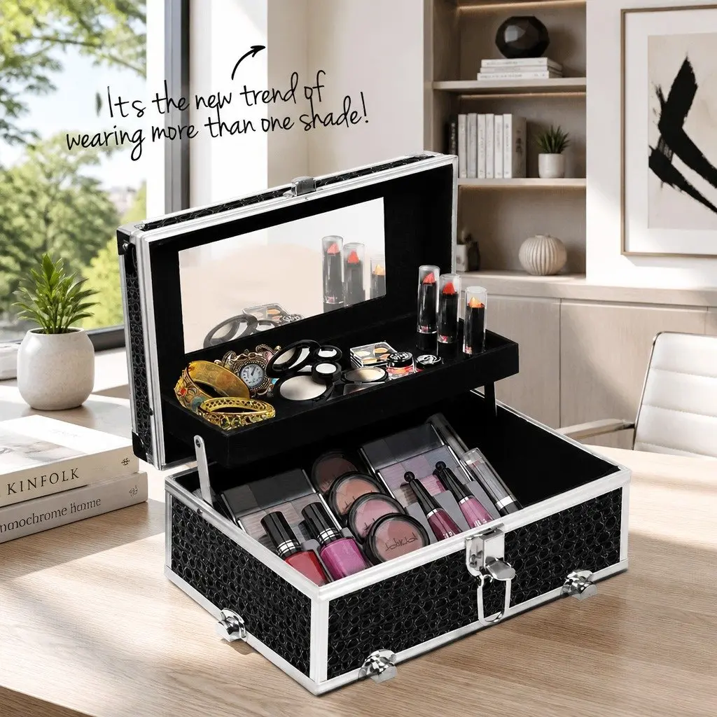 Crocodile Black Portable Makeup Case with Mirror
