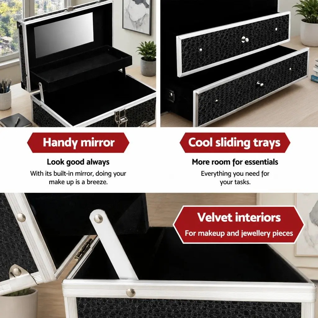 Crocodile Black Portable Makeup Case with Mirror