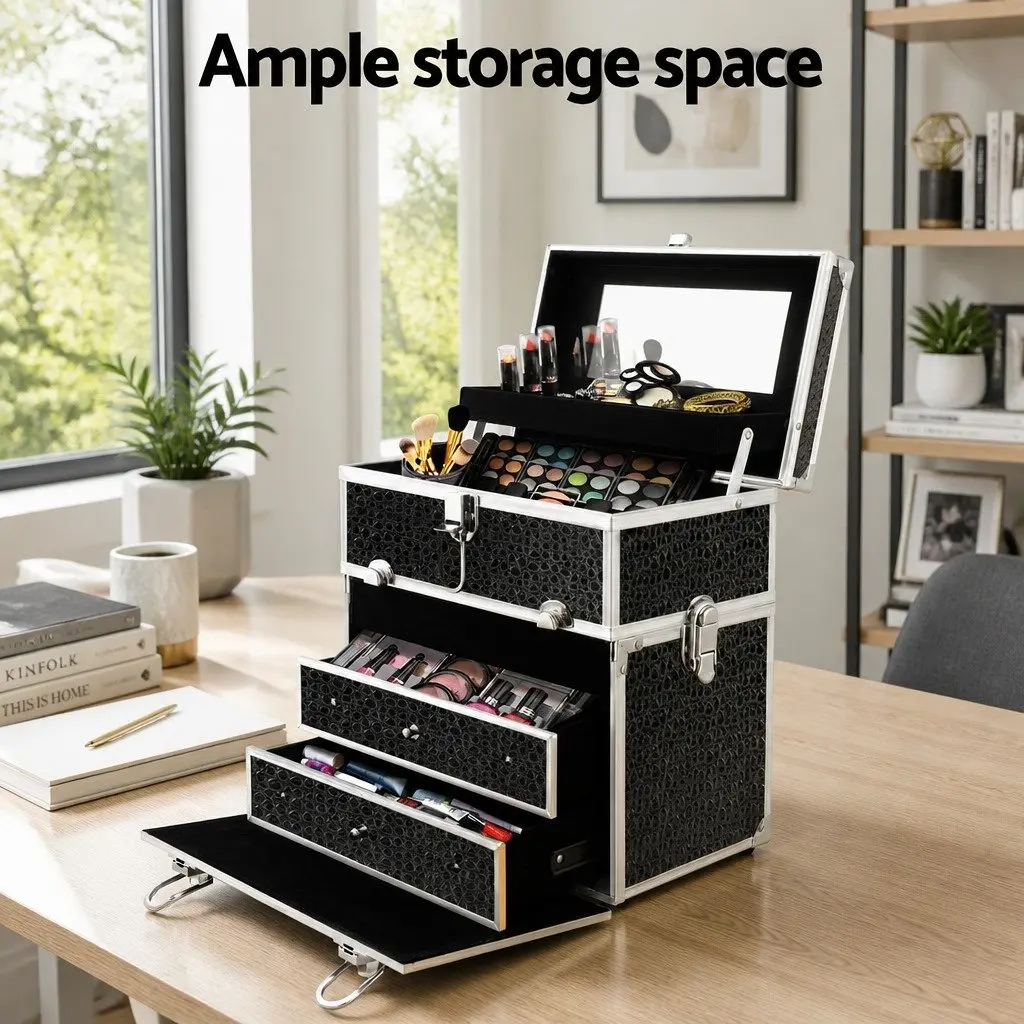 Crocodile Black Portable Makeup Case with Mirror
