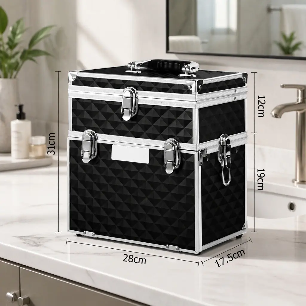 Portable Cosmetic Beauty Makeup Case with Mirror Storage Organizer Diamond Black