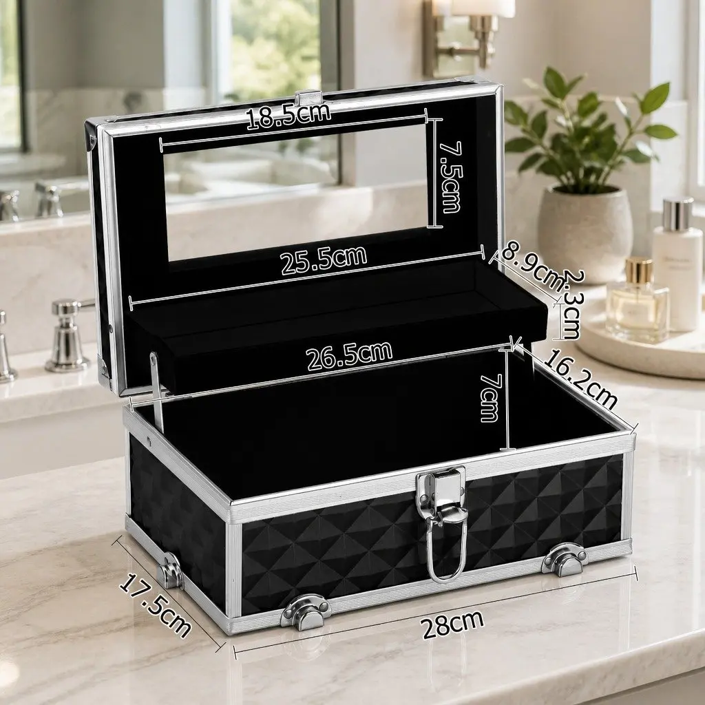 Portable Cosmetic Beauty Makeup Case with Mirror Storage Organizer Diamond Black