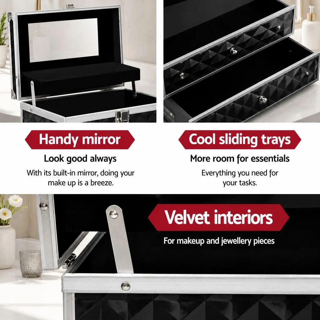 Portable Cosmetic Beauty Makeup Case with Mirror Storage Organizer Diamond Black