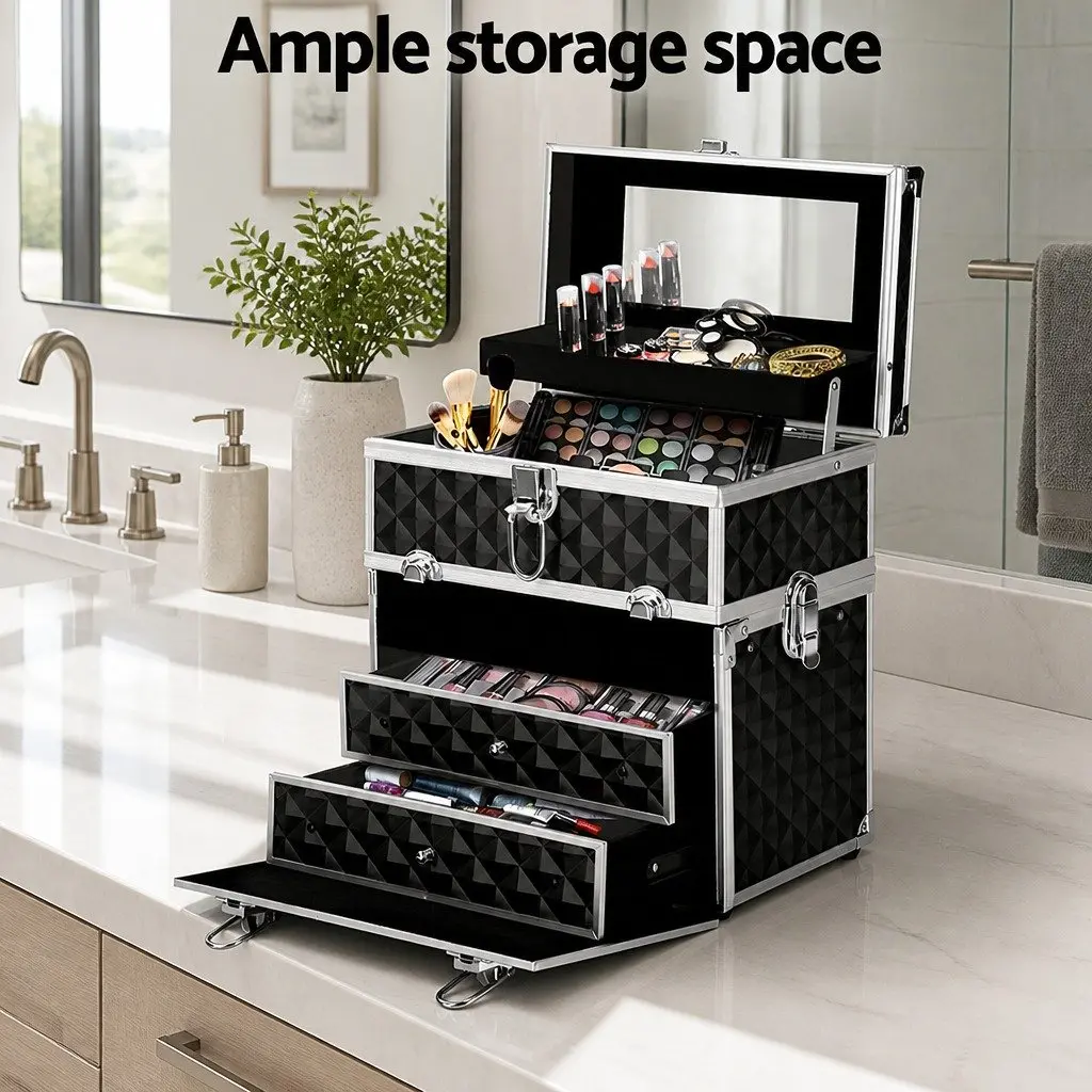 Portable Cosmetic Beauty Makeup Case with Mirror Storage Organizer Diamond Black