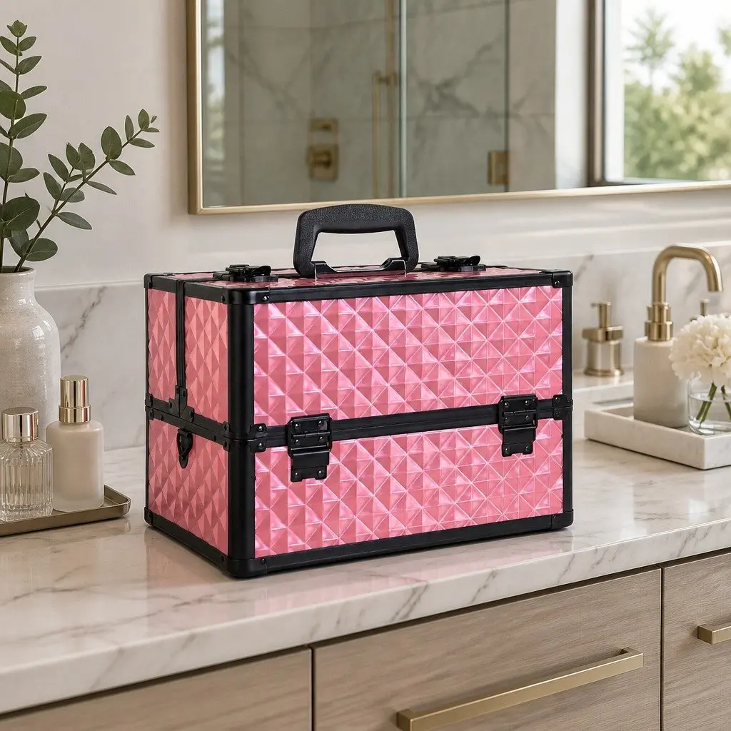 Diamond Pink Lockable Makeup Case with Strap