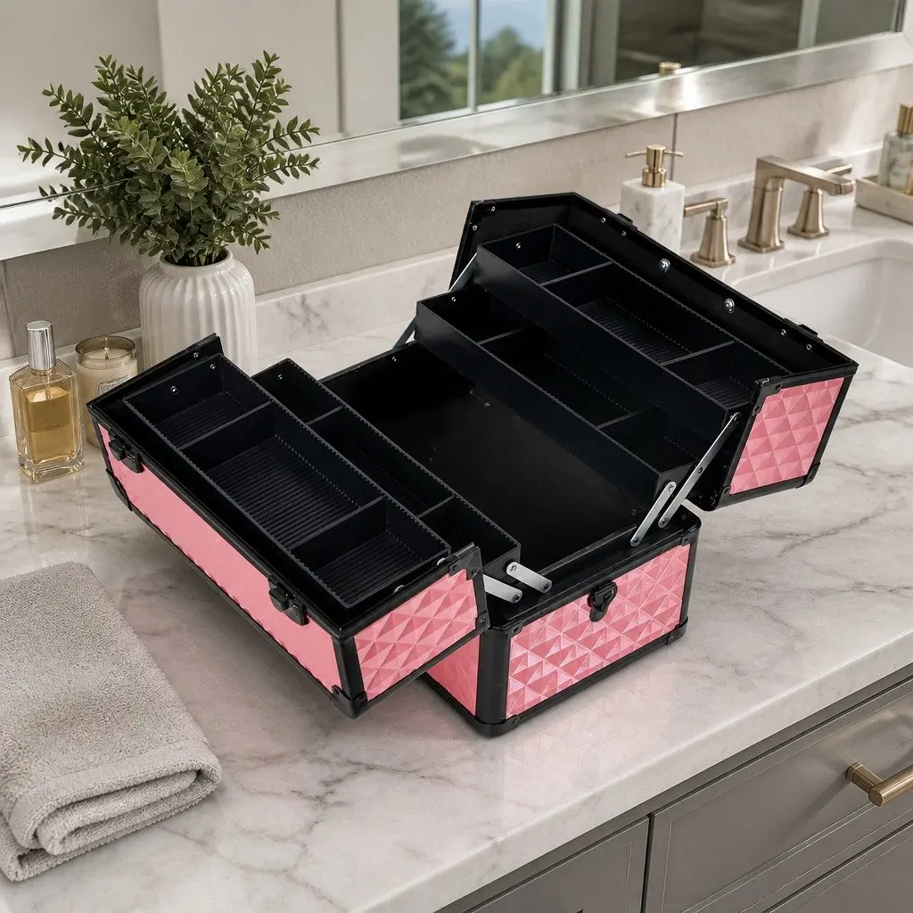 Diamond Pink Lockable Makeup Case with Strap