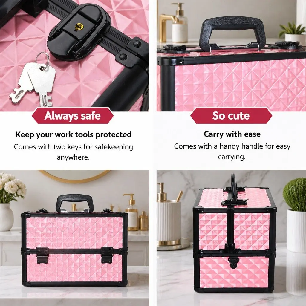 Diamond Pink Lockable Makeup Case with Strap