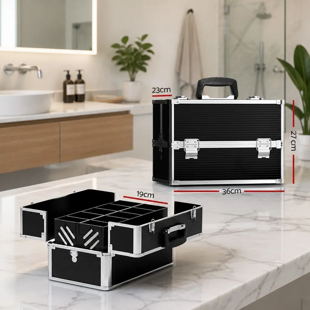 Black Portable Makeup Organizer with Adjustable Compartments