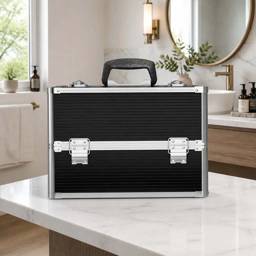 Black Portable Makeup Organizer with Adjustable Compartments