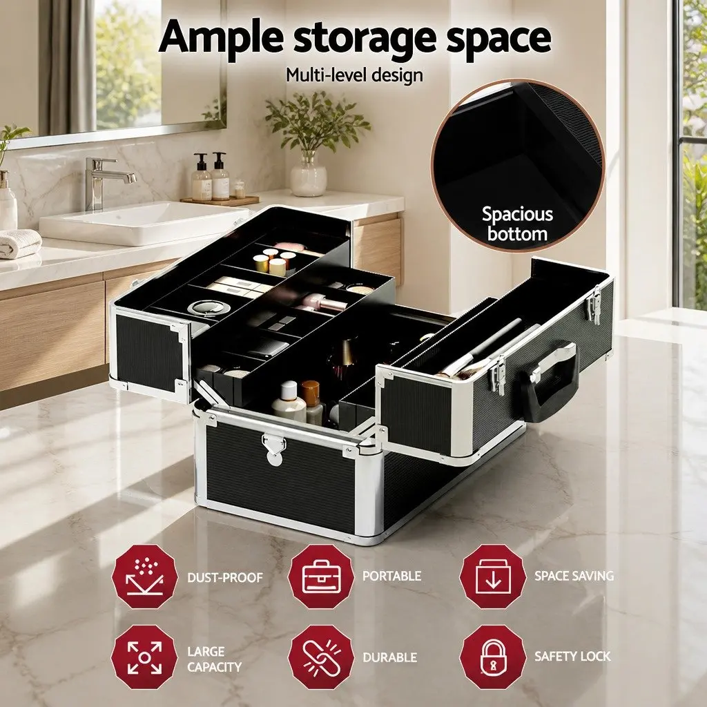 Black Portable Makeup Organizer with Adjustable Compartments