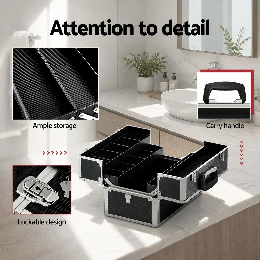 Black Portable Makeup Organizer with Adjustable Compartments