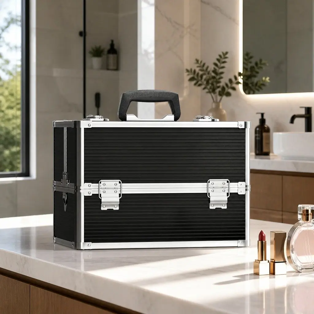Black Portable Makeup Organizer with Adjustable Compartments