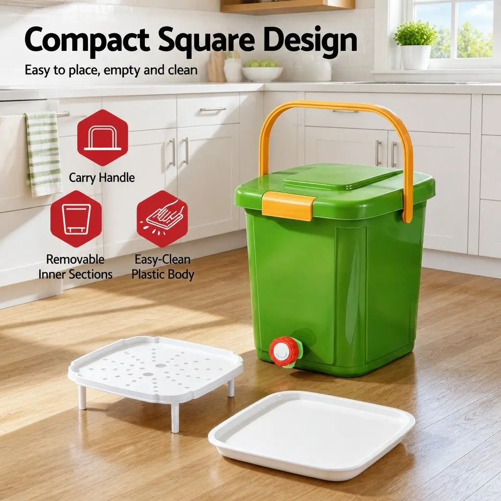 Kitchen Compost Caddy PP Plastic 15L Square Green