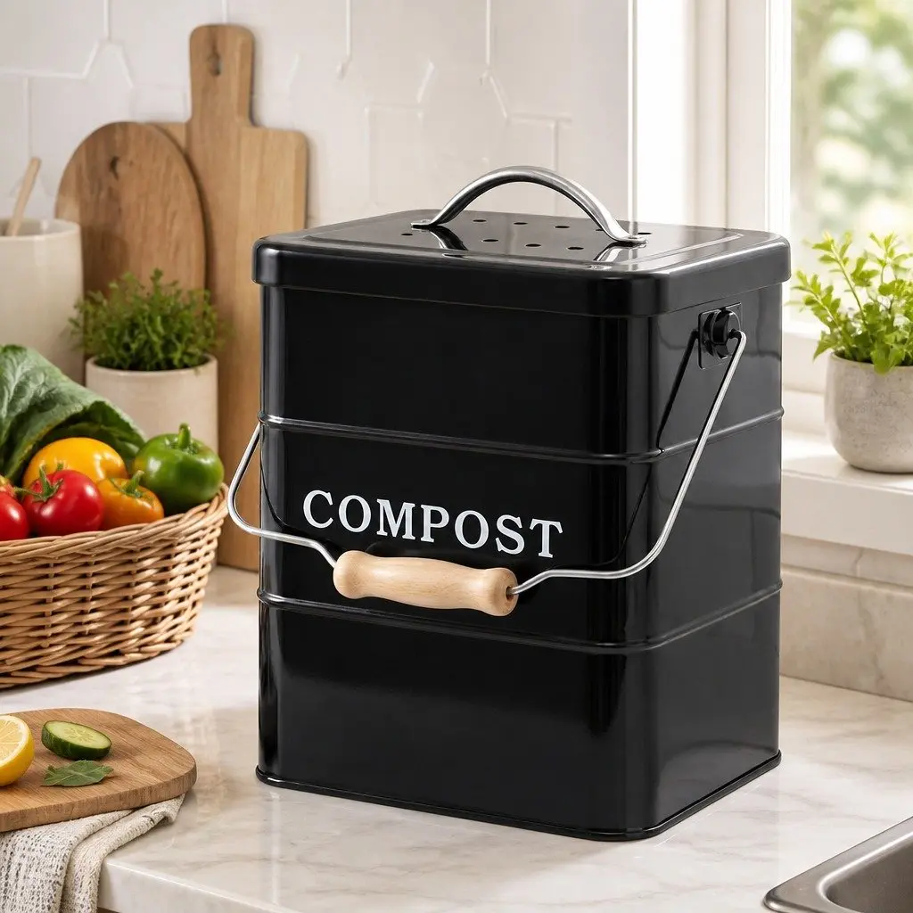 Compost Bin Galvanized Iron 5L Black Countertop Ventilated