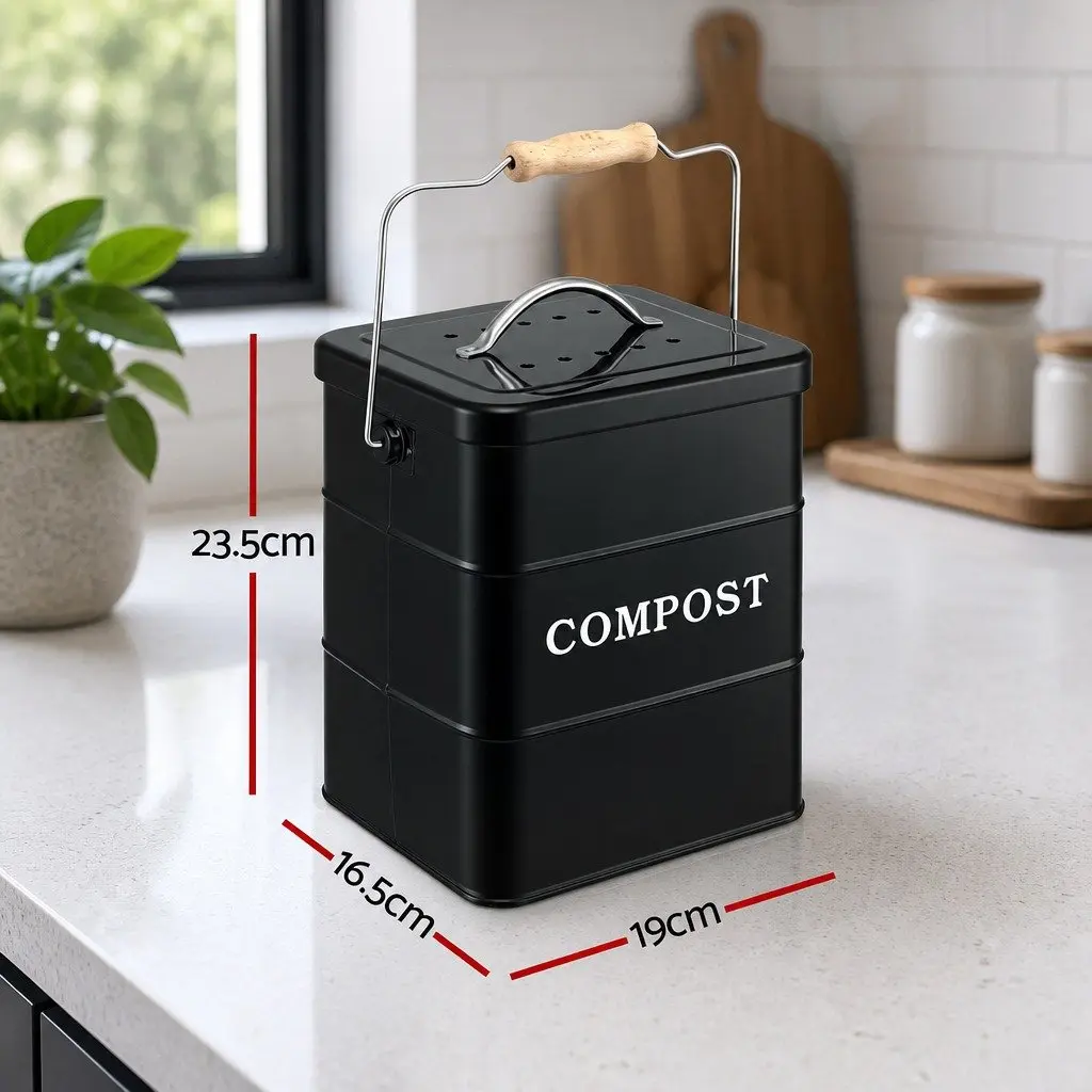Compost Bin Galvanized Iron 5L Black Countertop Ventilated