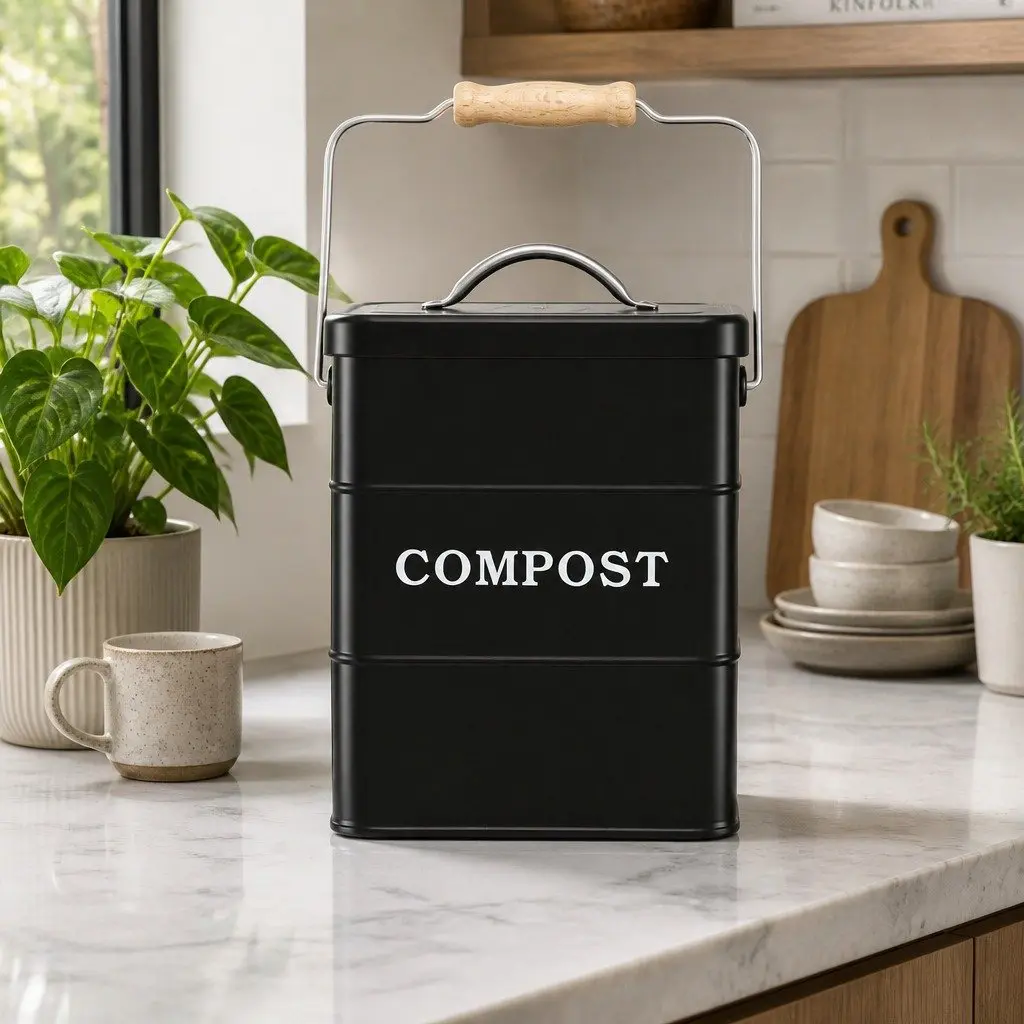 Compost Bin Galvanized Iron 5L Black Countertop Ventilated