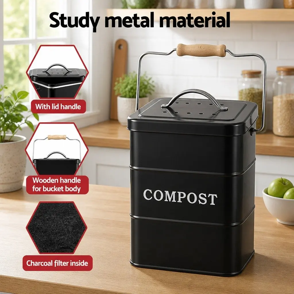 Compost Bin Galvanized Iron 5L Black Countertop Ventilated