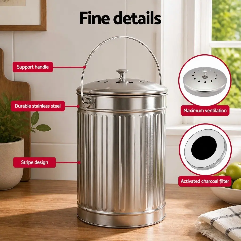 Compost Bin Stainless Steel 6L Round Silver