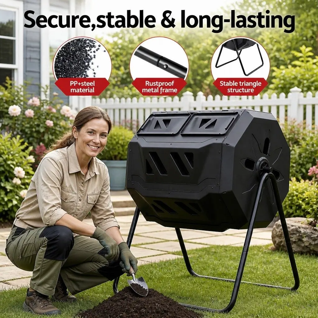Dual-Chamber Compost Bin Tumbler PP Steel 160L Black