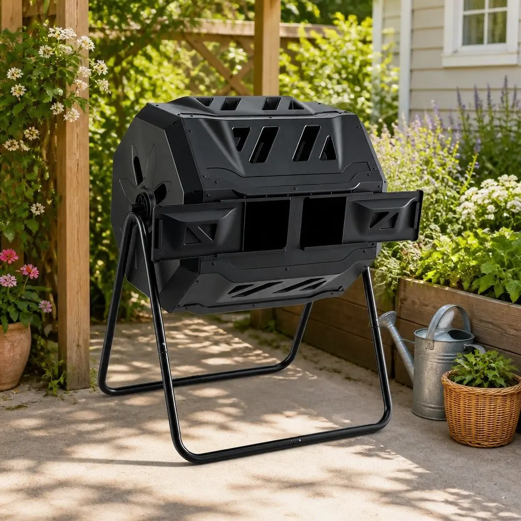 Dual-Chamber Compost Bin Tumbler PP Steel 160L Black
