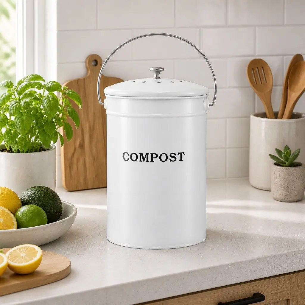 Compost Caddy Galvanized Iron 6L White Countertop Food Waste Bin