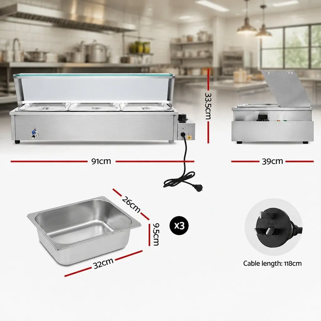 Bain Marie Commercial Food Warmer 3 Pans Electric Buffet Server Steam Table