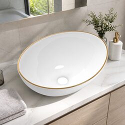 Elegant Round Ceramic Bathroom Sink with Gold Line 41x34cm
