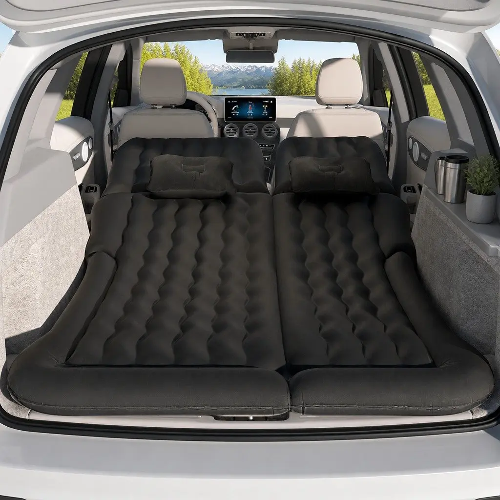 Inflatable Mattress Flocking PVC 175x130cm Black for SUV Back Seat Camping Bed with Pillows