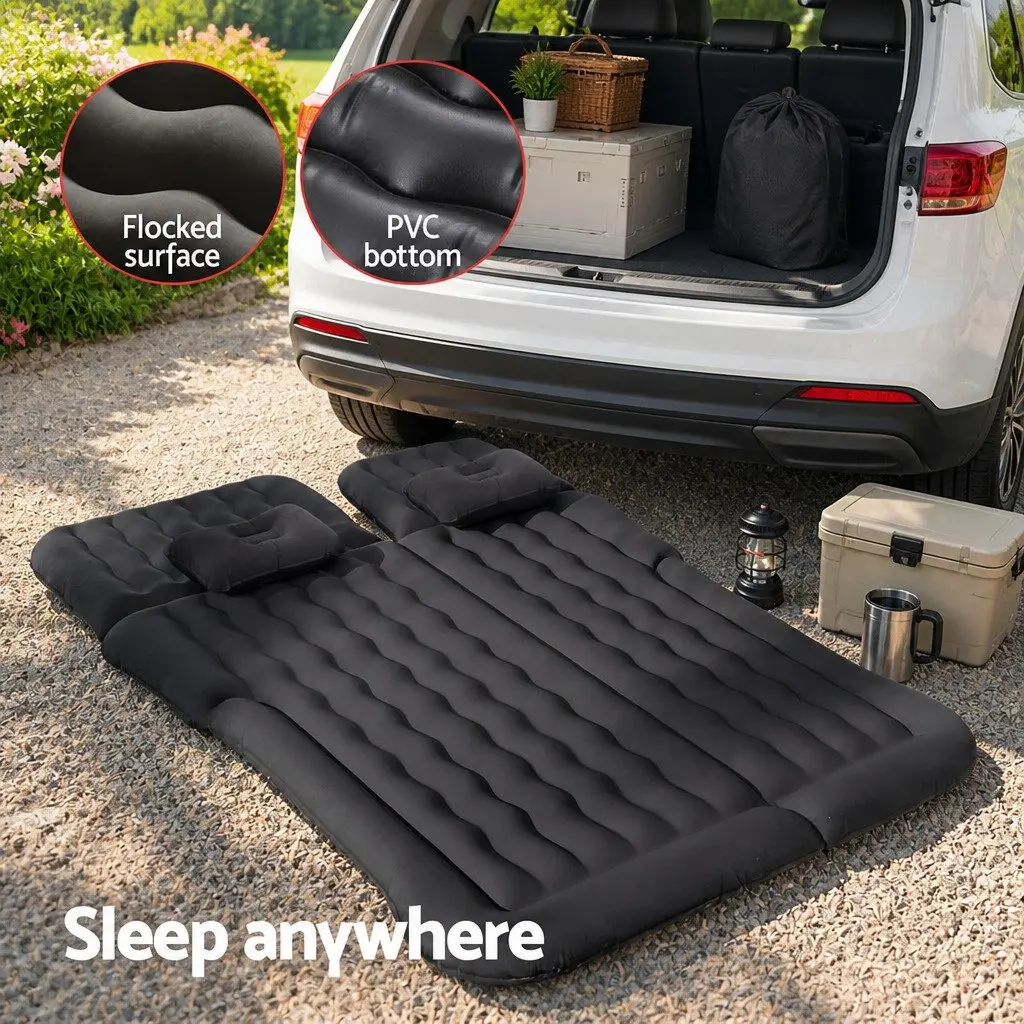 Inflatable Mattress Flocking PVC 175x130cm Black for SUV Back Seat Camping Bed with Pillows