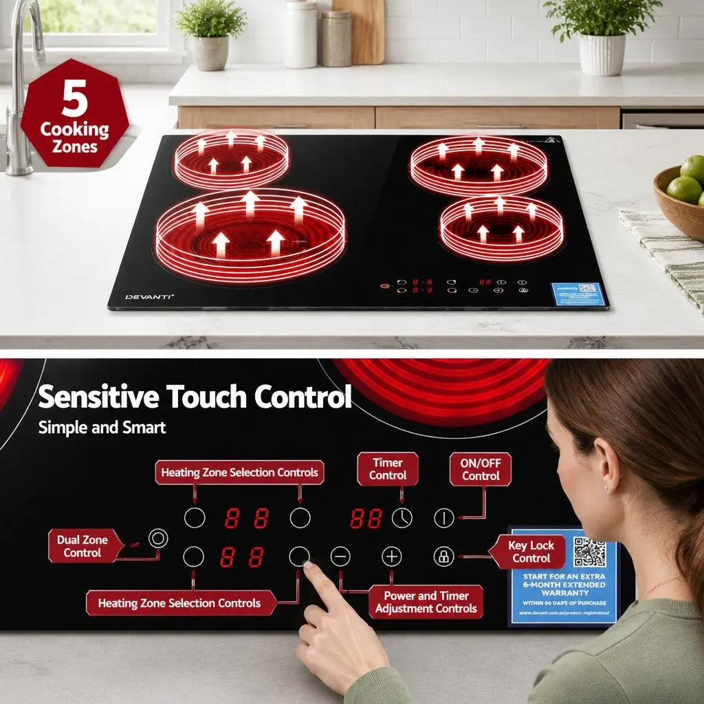 Ceramic Cooktop Electric Hob 5 Cooking Zones Touch Control Black Glass 7600W