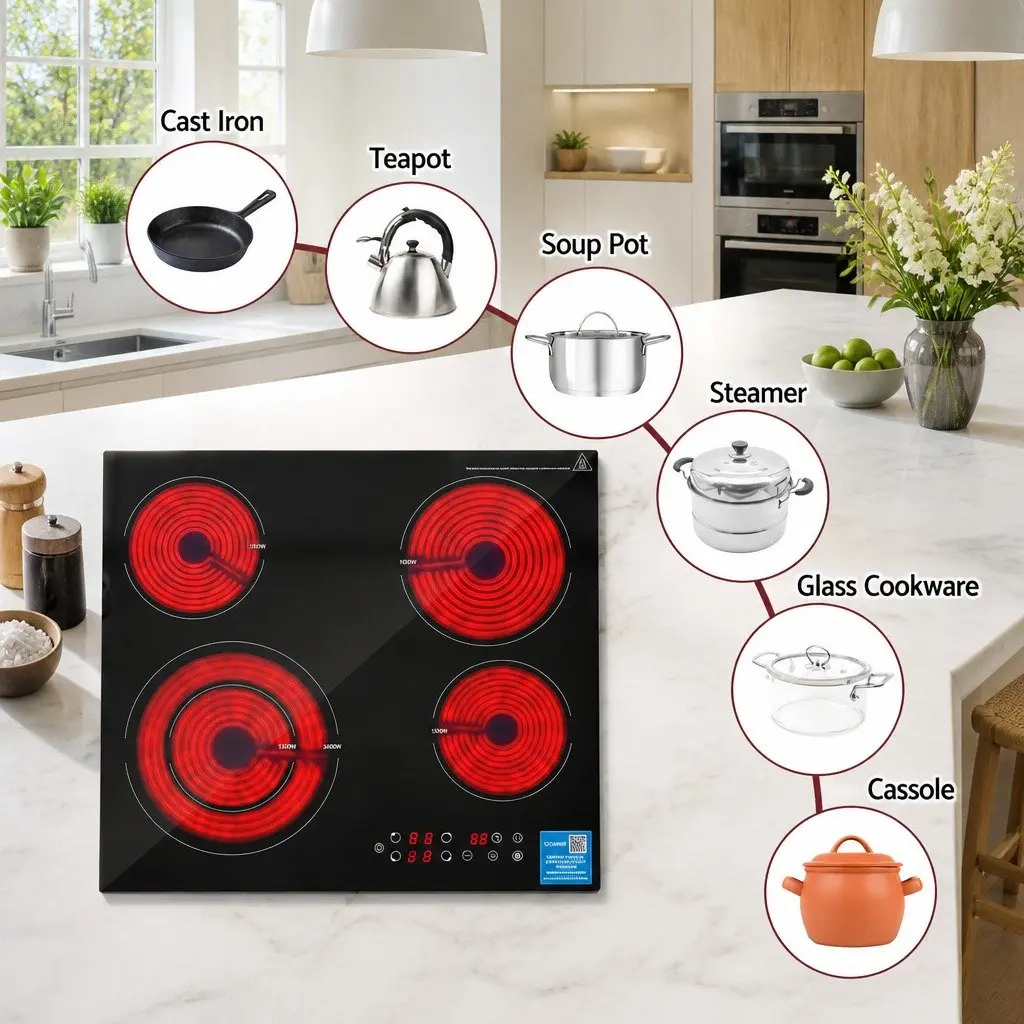Ceramic Cooktop Electric Hob 5 Cooking Zones Touch Control Black Glass 7600W