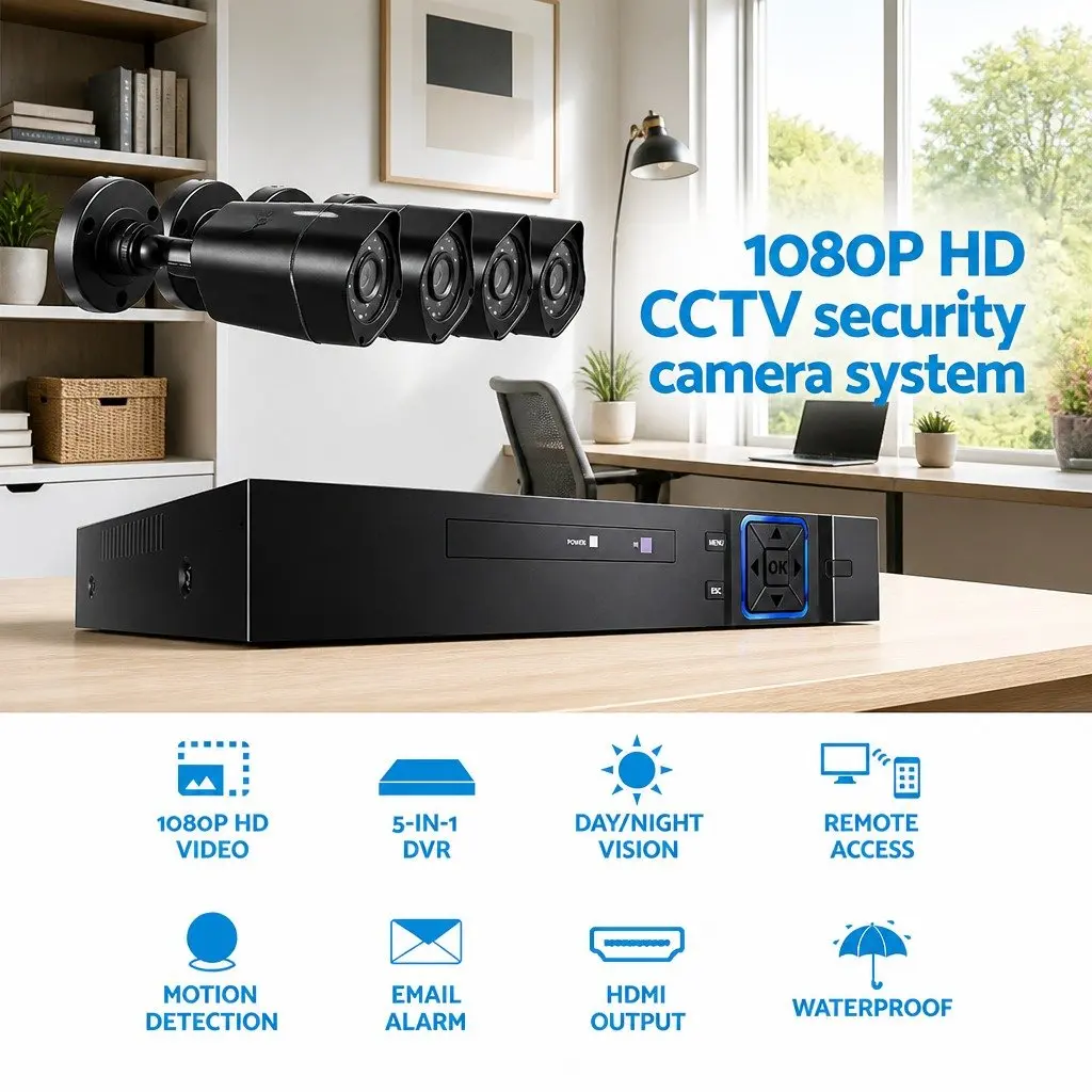 Security Camera System 1080P HD 4 Channel DVR 4 AHD Cameras Black IP66 Weatherproof Night Vision Motion Detection