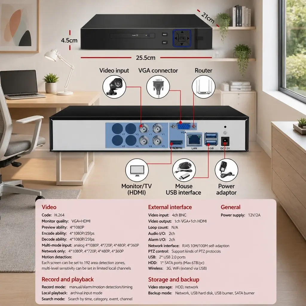 Security Camera System 1080P HD 4 Channel DVR 4 AHD Cameras Black IP66 Weatherproof Night Vision Motion Detection