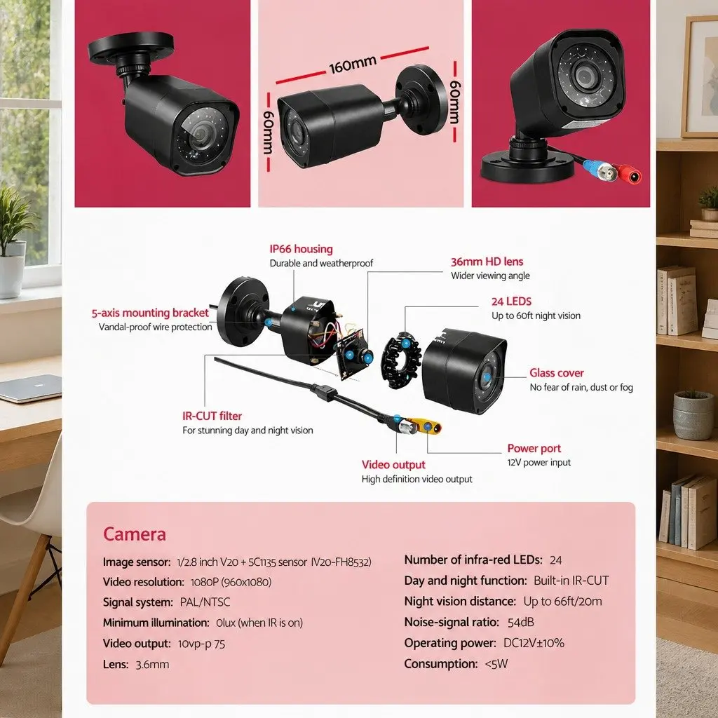 Security Camera System 1080P HD 4 Channel DVR 4 AHD Cameras Black IP66 Weatherproof Night Vision Motion Detection