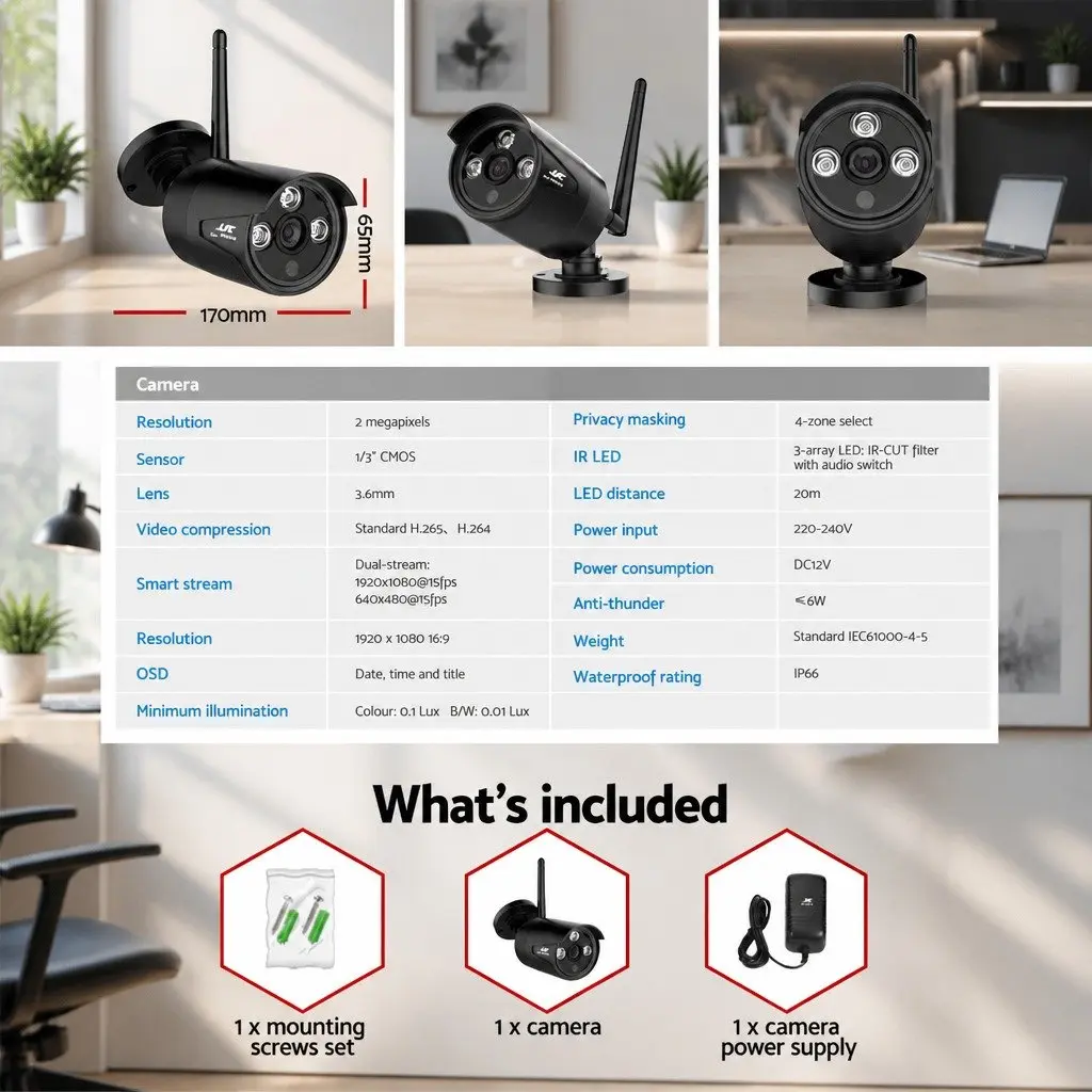 Wireless Security Camera 3MP Full HD Black Bullet Indoor Outdoor IP66 Waterproof