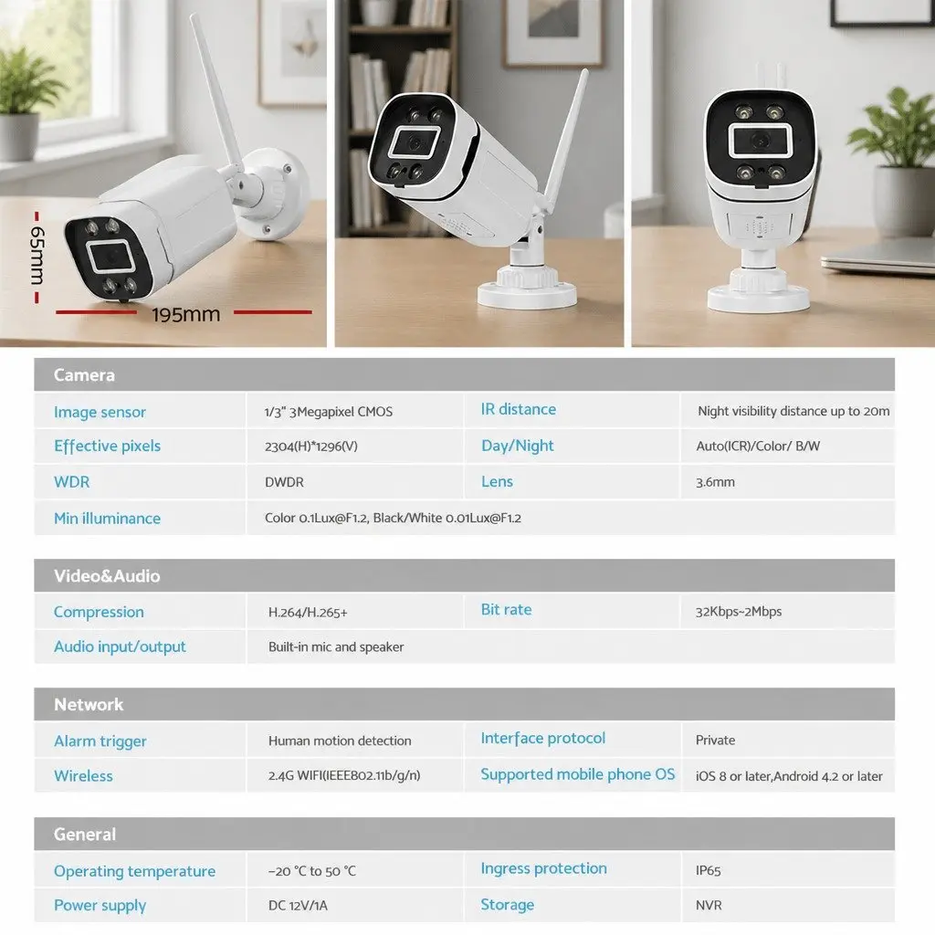 Wireless CCTV Security Camera System 3MP NVR 8CH White 4 Cameras