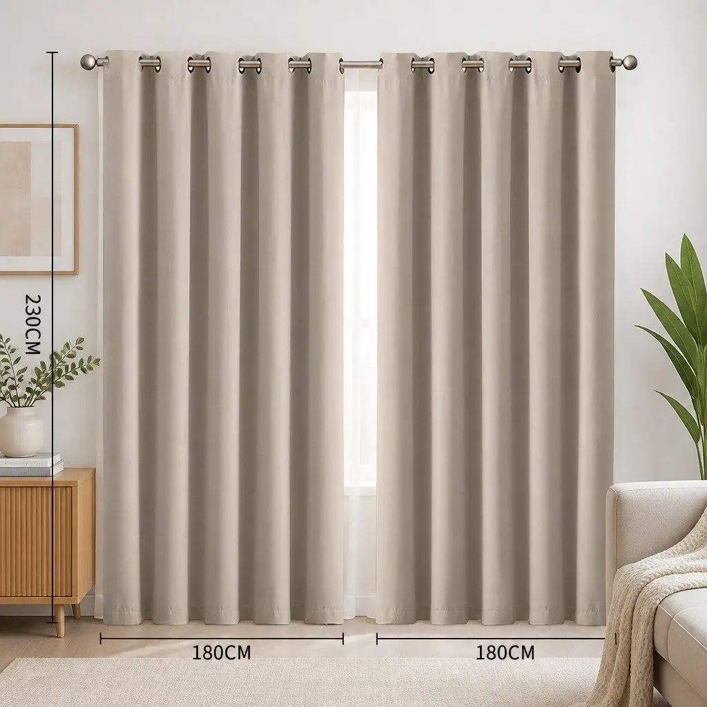 Blockout Curtain Panels Eyelet 3 Layer Noise Insulation Heat Home Decor Beige