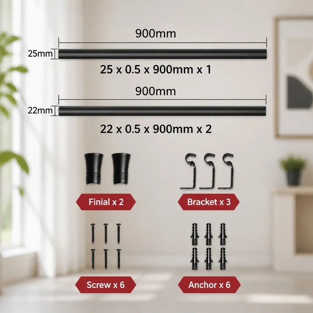 Extendable Curtain Rod Set Black Steel 90cm Home Decor
